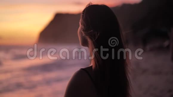 海面上的日落站在海滩上的年轻女子她的风吹在她的头发上视频的预览图