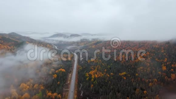 一架无人机摄像机沿着一条公路行驶车停在一片茂密的森林里山顶上有一条蜿蜒的小河视频的预览图
