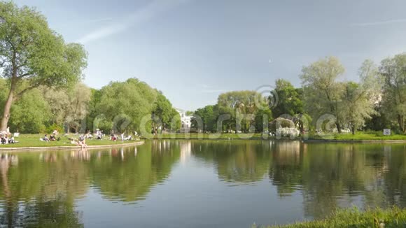 一个人坐在池塘岸边的一个夏季公园里人们在池塘里放松视频的预览图