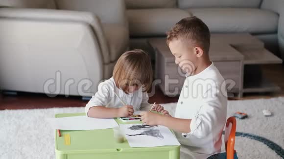 两个孩子拿着画笔在家画画的肖像视频的预览图