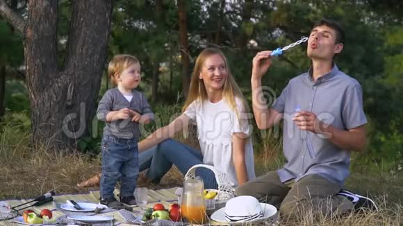 母亲和父亲带着年幼的儿子在公园野餐父亲做肥皂泡家庭休闲户外活动视频的预览图