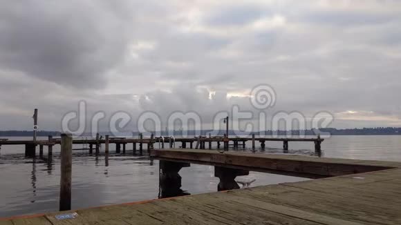 一个人划桨登上远处华盛顿湖的船坞后的剪影视频的预览图