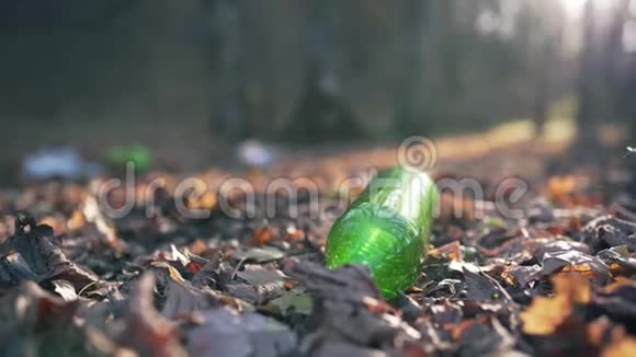 塑料瓶在秋林特写受污染的土地和生态视频的预览图