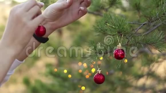 用红球装饰圣诞树年轻女孩装饰圣诞树圣诞节的概念视频的预览图