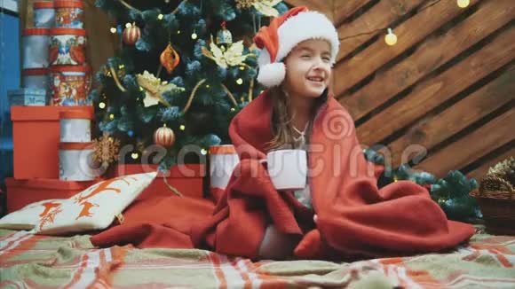 戴着圣诞帽的睡童裹着圣诞树附近的红毯拿着一杯可可看上去既高兴又高兴视频的预览图