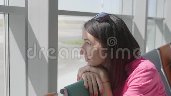一个年轻漂亮的女孩坐在机场候机室里视频的预览图