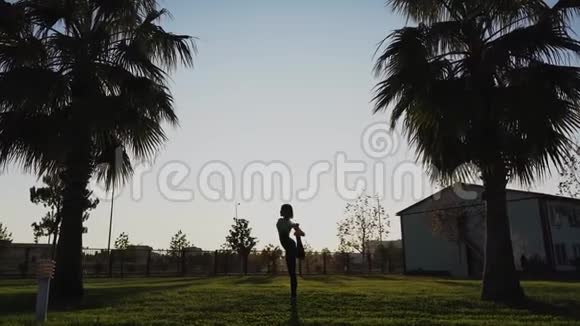 一个年轻漂亮的女孩在棕榈树上做瑜伽慢动作4k剪影视频的预览图