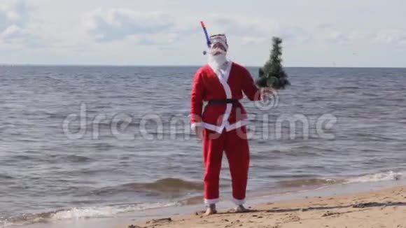 圣诞老人在海滩上跳舞新年圣诞树圣诞节视频的预览图