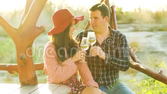 一对美丽的白种人夫妇在阳光下闪闪发光戴着酒杯和葡萄酒视频的预览图