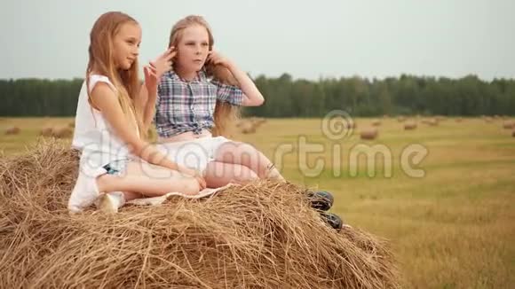 美丽的少女坐在干草堆在村里的收割场年轻女孩在乡下的干草堆上摆姿势视频的预览图