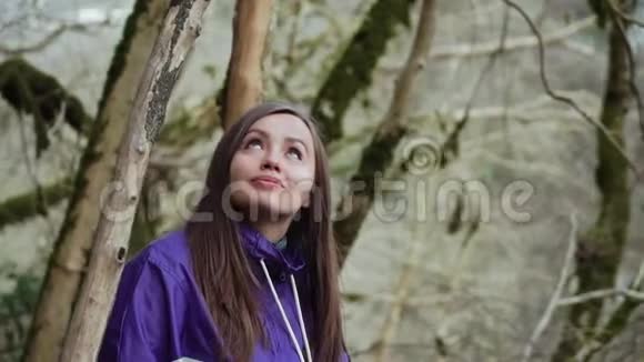 一个穿着彩色夹克的可爱女孩正看着童话森林里长满苔藓的树木视频的预览图