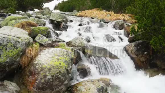 小山溪冬天一些岩石上仍然可以看到雪阴春天水流过岩石的细节视频的预览图