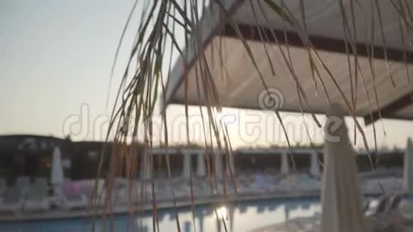 明亮的阳光照耀着游泳池清澈的水一排排白色的日光浴床沿着游泳池冷静视频的预览图