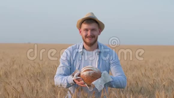 快乐的农夫谷物种植者戴着草帽和蓝色衬衫的年轻人给你美味的新鲜烘焙的面包微笑着视频的预览图