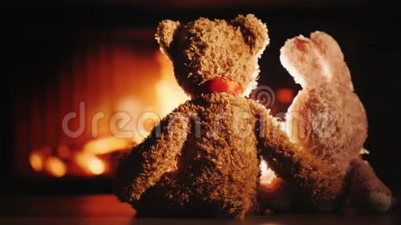 熊和兔子拥抱坐在壁炉旁情人节概念视频的预览图