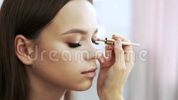 化妆师绘画女孩美容院的眼皮视频的预览图