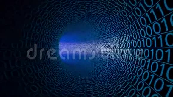 波夫飞行通过抽象的蓝色隧道由零和一高科技运动背景信息技术二进制数据传输视频的预览图
