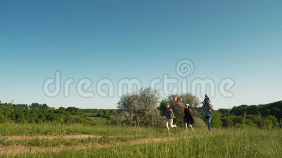 一家人带着风筝在草地上奔跑视频的预览图