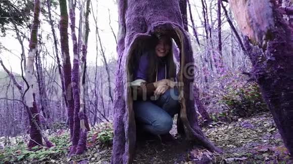 紫罗兰童话森林有趣的女孩躲在一棵老树的空心里带着兴趣把它看出来视频的预览图