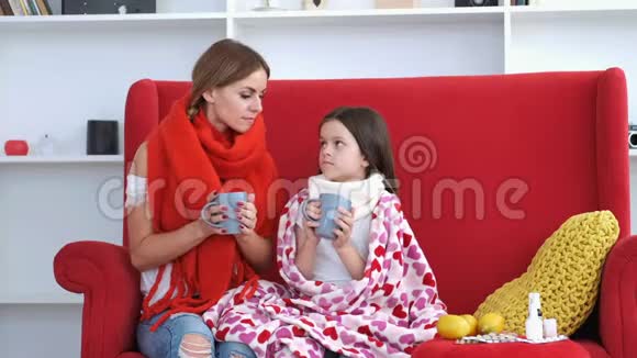 母女俩坐在红榻上喝茶视频的预览图
