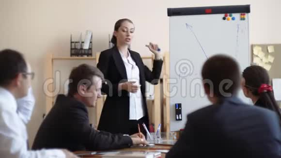 女商人在白板上展示员工对企业成功的描述视频的预览图