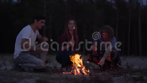 三个年轻的朋友在沙滩上打着寒战在舒适的夏日夜晚他们在生火做棉花糖聊天视频的预览图