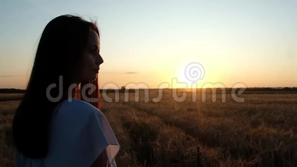 一个漂亮的年轻女孩站在麦田里看着远处视频的预览图