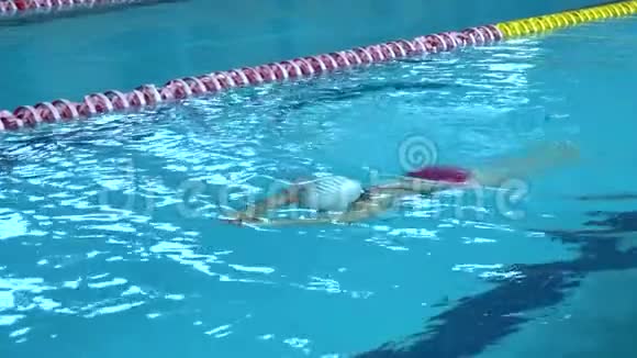 游泳结束女子游泳运动员在游泳池中自由泳动作缓慢视频的预览图