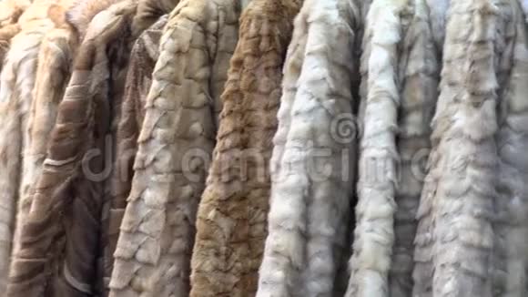 豪华商店衣架上的各种天然毛皮冬衣视频的预览图