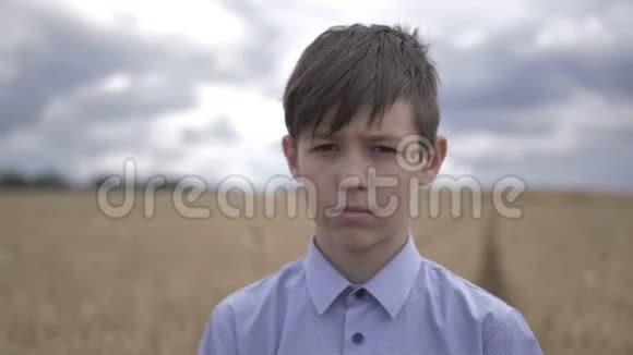 户外麦田上一个悲伤男孩的肖像视频的预览图