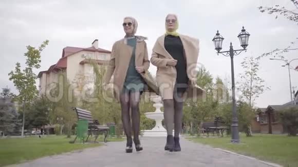 两位优雅成熟的白人女性朋友穿着米色外套短裙和太阳镜在城市公园散步视频的预览图