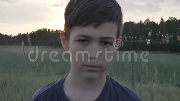 一个乡下害羞的男孩在麦田里看日落时的镜头的肖像视频的预览图