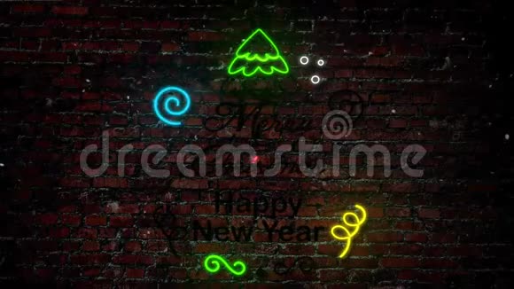 圣诞快乐新年快乐霓虹灯标志4K环视频的预览图
