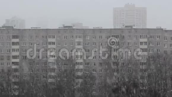 多层房屋和树木背景下的城市降雪视频的预览图