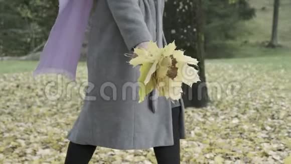 寂寞的女人走在秋天的公园里手里拿着一束黄叶落叶开始了视频的预览图