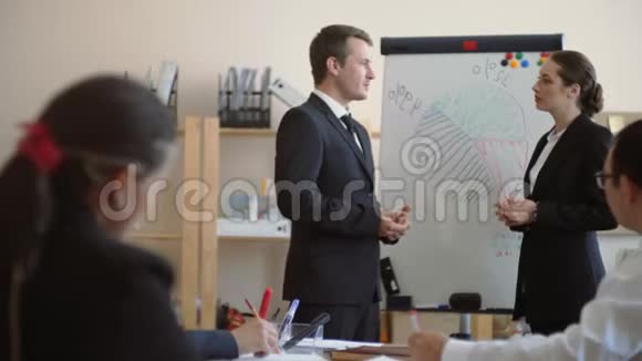 一男一女穿着西装在会议上讨论商务问题视频的预览图