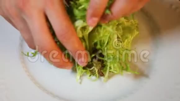 库克的双手在一个白色的盘子上撒着绿生菜樱桃番茄红铃椒切片特写视频的预览图