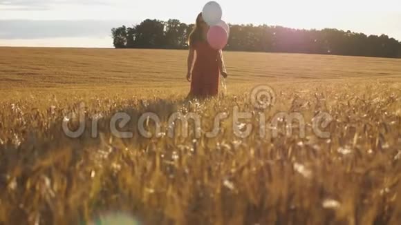 棕色头发的年轻女子手里拿着气球穿过金色的麦田穿着红裙子的漂亮女孩视频的预览图