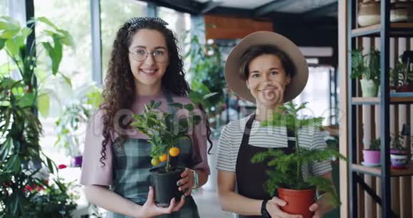 穿着围裙的漂亮年轻女士在花店里抱着植物的画像视频的预览图