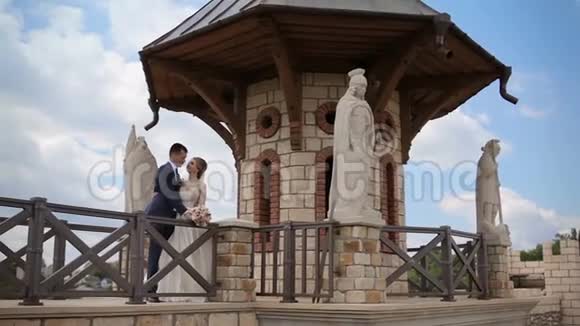 美丽的新婚夫妇在石雕城堡附近互相对视视频的预览图