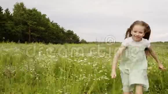 兴奋的女孩在夏天的战场上运行前置摄像头女孩把绿草扔到花草坪上拍照微笑的女孩视频的预览图