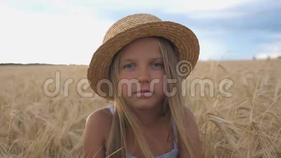 戴草帽的小女孩在有机农场麦田的背景下看镜头的肖像视频的预览图