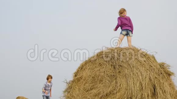 快乐的女孩站在干草堆在农村的收割场快乐的青少年女孩和男孩视频的预览图