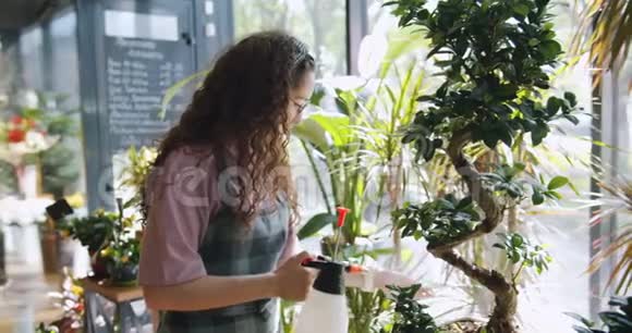 穿围裙的漂亮女孩在花店喷洒绿色植物视频的预览图