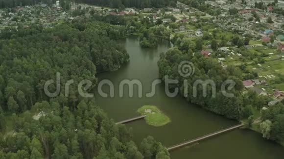 飞越松林中的城市湖泊和一座有桥的岛屿视频的预览图
