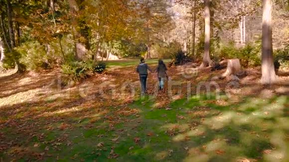 一对相爱的幸福的年轻夫妇在一片有秋叶的森林里奔跑视频的预览图