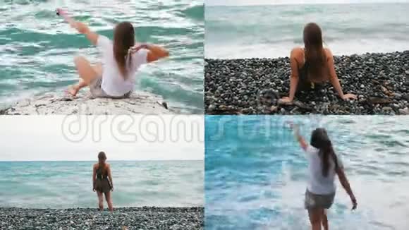 坐在岩石海岸上的年轻女子视频的预览图
