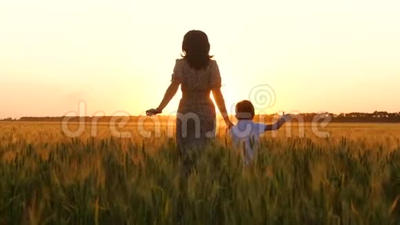 幸福家庭母子两人跑过麦田牵着手一个女人和一个孩子的剪影视频的预览图