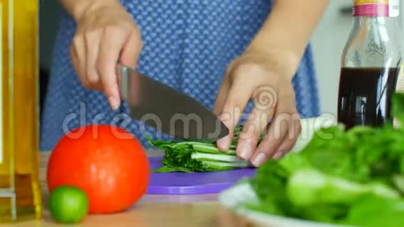 切菜做沙拉女人用刀子打碎原料视频的预览图