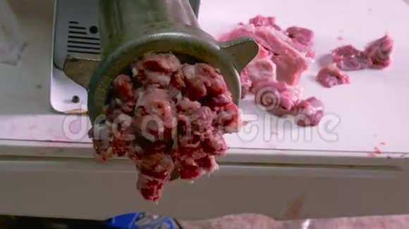 工人把猪肉放在钳子里然后再做香肠视频的预览图